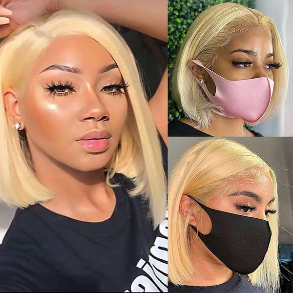 BOGO Short Blonde Bob Wig Straight Brazilian Human Hair Transparent Lace 180%