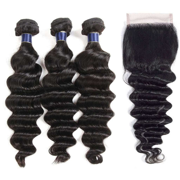 10A Loose Deep Wave Hair 4 Bundles With Closure Natural Color - edmundhair.com