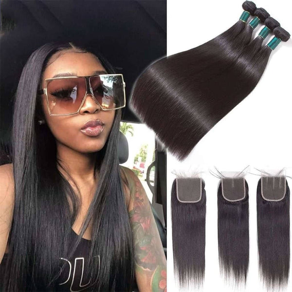 10A Straight Hair 4 Bundles With Closure Natural Color Indian Hair - edmundhair.com