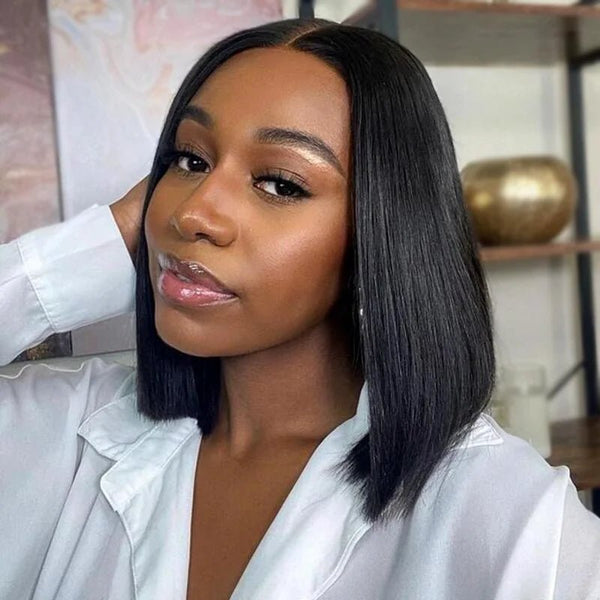 12 Inches 180% 4x4 Lace Closure Bob Wig Human Hair Wigs Brazilian Straight Short Wig - edmundhair.com