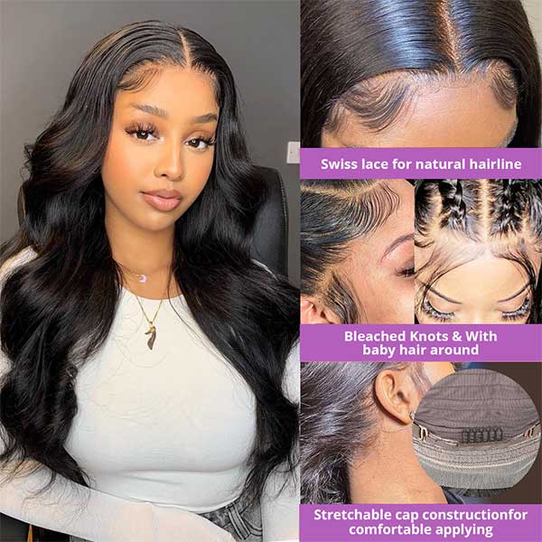 13x6 HD Swiss Lace Front body wave black human hair Pre Plucked Wigs For Women - edmundhair.com