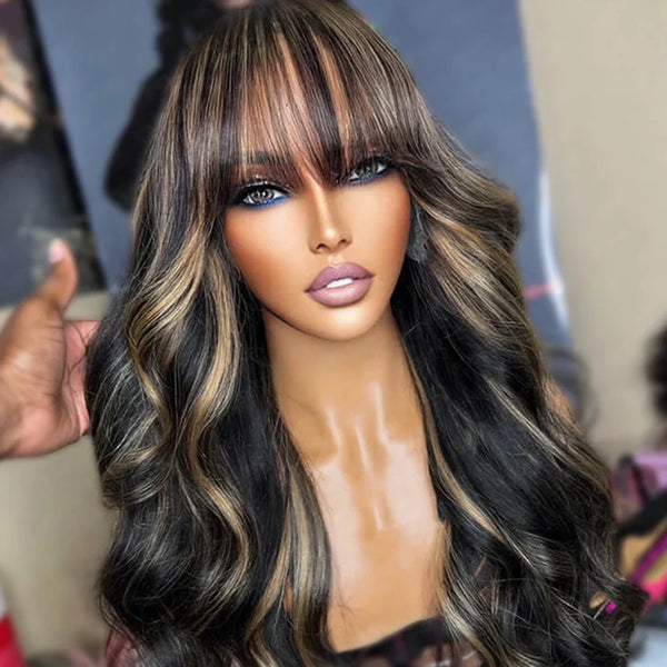 Highlights on Black Wig with Bangs Throw on & Go Body Wave Cost-effective Wig 10A Human Hair