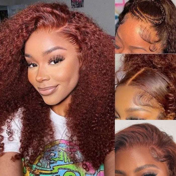 22'' $189 Reddish Brown Glueless Human Hair 6x4.5 Pre - Cut Glueless Kinky Curly Wig - edmundhair.com