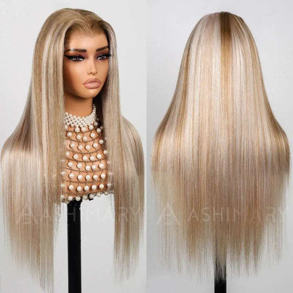 Ash Blonde With Platinum Highlight Straight 13x4 Lace Frontal Wig 100% Human Hair