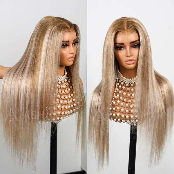 Ash Blonde With Platinum Highlight Straight 13x4 Lace Frontal Wig 100% Human Hair