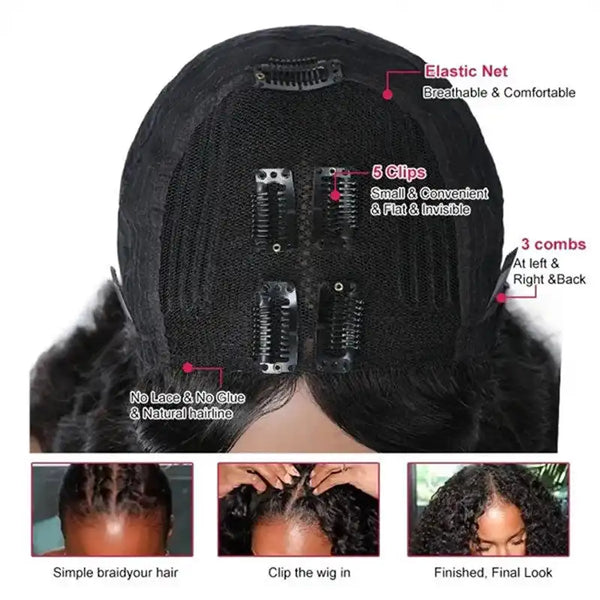 Glueless V Part Kinky Curly Human Hair Wig Beginner Friendly