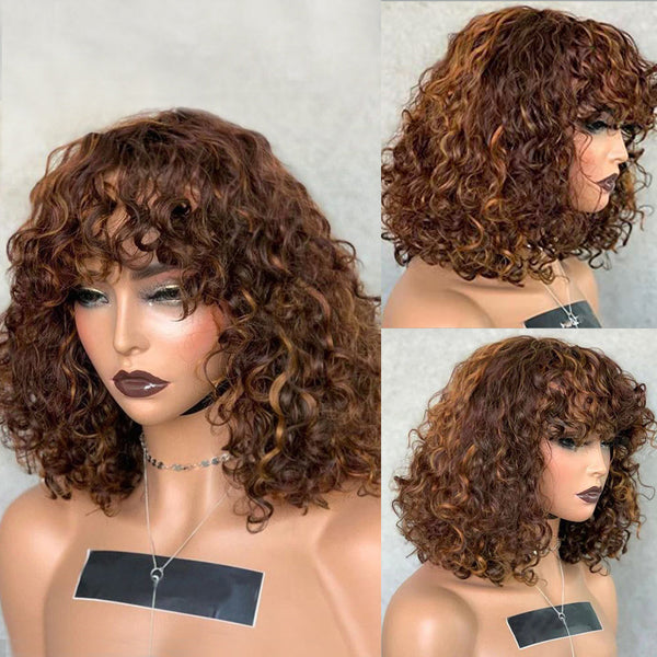 Highlight 4/27 Human Hair Curly Bob Wig With Bangs