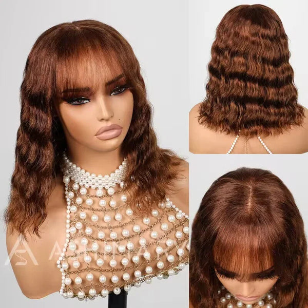 Ginger Brown 4x4 Lace Closure Loose Deep Wave Wig With Bangs