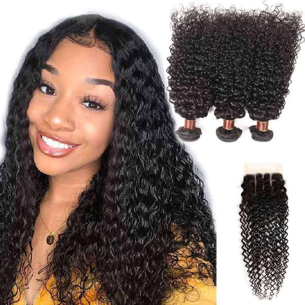 9A Jerry Curly 3 Bundles with Lace Closure Natural Color Purvian Virgin Hair - edmundhair.com