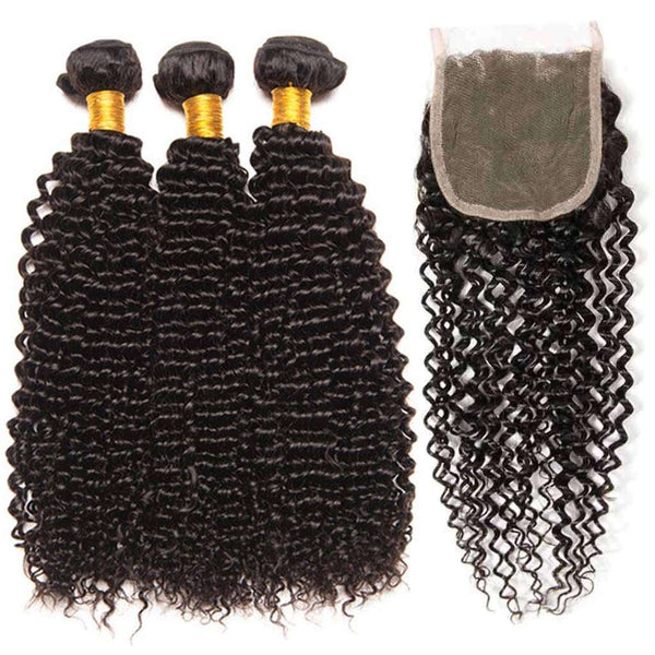 9A Kinky Curly Hair 3 Bundles with Closure Human Hair Natural Color - edmundhair.com