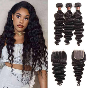 9A Loose Deep Wave Virgin Hair 3 Bundles with Closure Natural Color Brazilian Hair - edmundhair.com