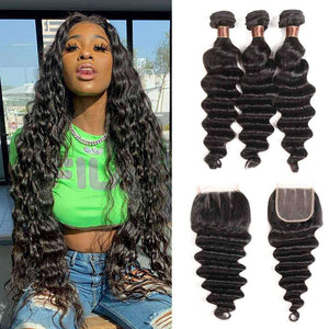 9A Loose Deep Wave Virgin Hair Bundles with Closure Natural Color 100% Human Hair - edmundhair.com