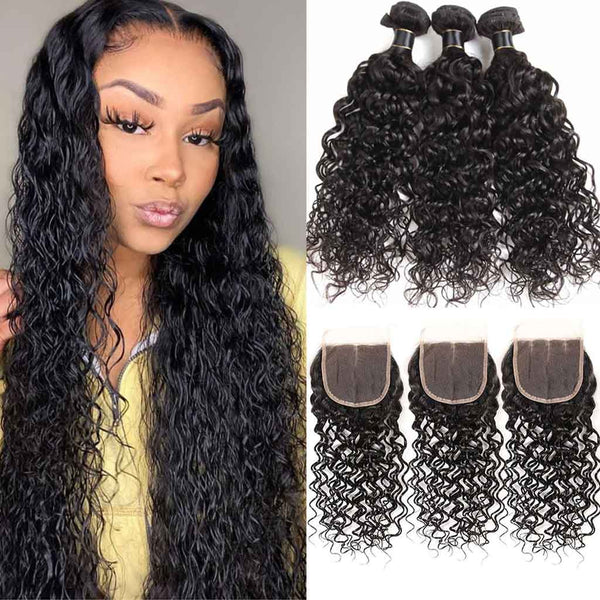 9A Water Wave Virgin Hair 3 Bundles with Closure Natural Color Brazilian Hair - edmundhair.com