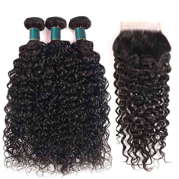 9A Water Wave Virgin Hair 3 Bundles with Closure Natural Color Malaysian Hair - edmundhair.com