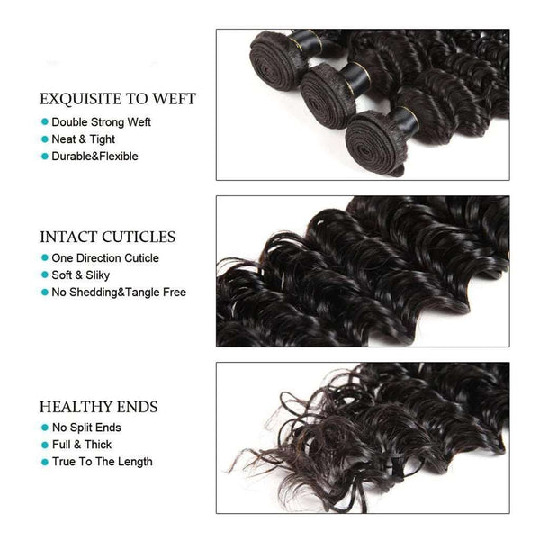 Deep Wave 10A 3 Bundles with Closure Free Part Brazilian Human Hair Natural Color