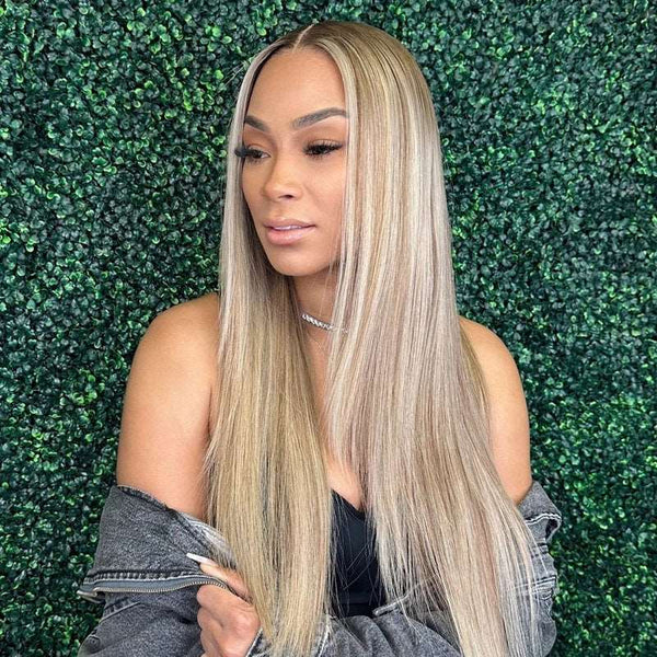 Ash Blonde With Platinum Highlight Straight 13x4 Lace Frontal Wig 100% Human Hair