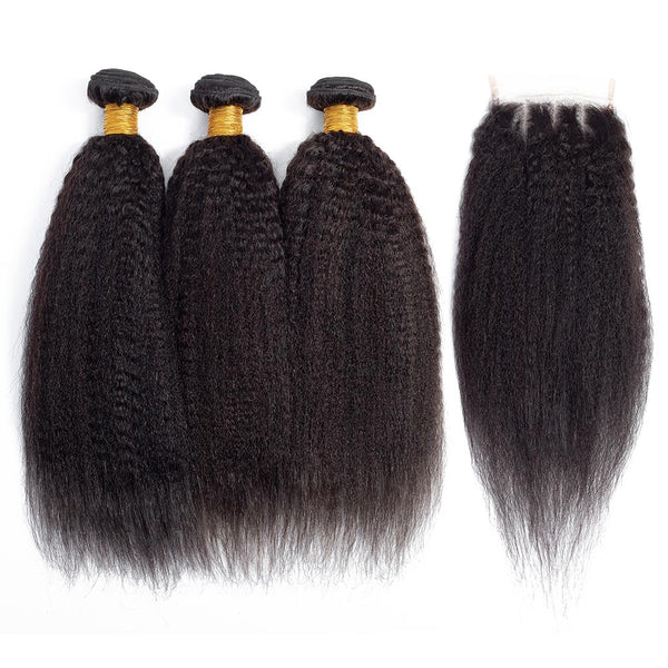 Kinky Straight Hair 3 Bundles with Closure 10A Brazilian Human Hair Natural Color