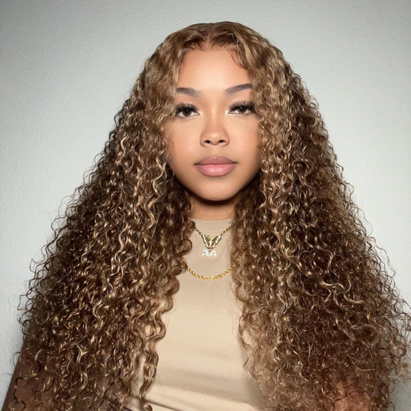 Flash Sale 14"-26"Honey Blonde Highlight Curly 13x4 Lace Frontal Human Hair Wig 180% Density